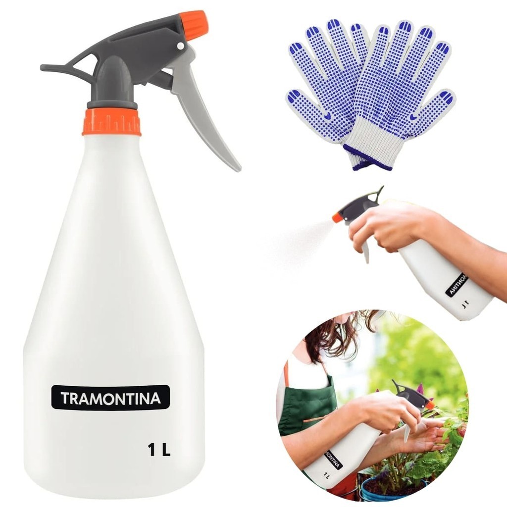 Kit Borrifador Pulverizador Jardinagem Manual 1 Litro Tramontina com Luva Branca Pigmentada de Segurança EPI