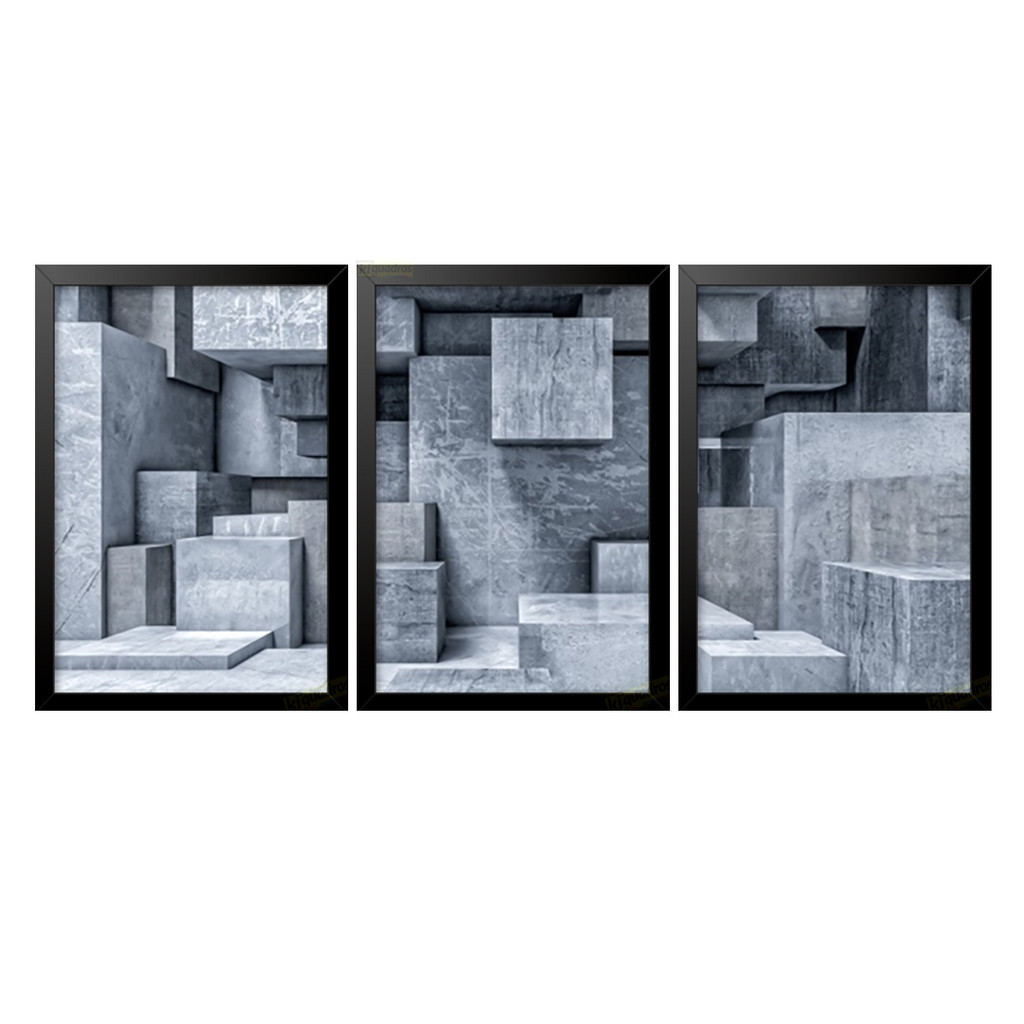 Trio Quadros Decorativos Cubos Geométrico Cinza Painel