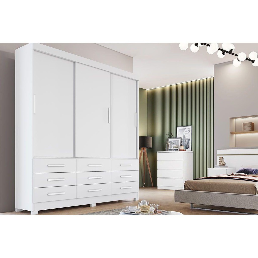 Guarda Roupa Solteiro 3 Portas e 9 Gavetas Jequitibá/Buriti Branco - Novo Horizonte - Home & Living