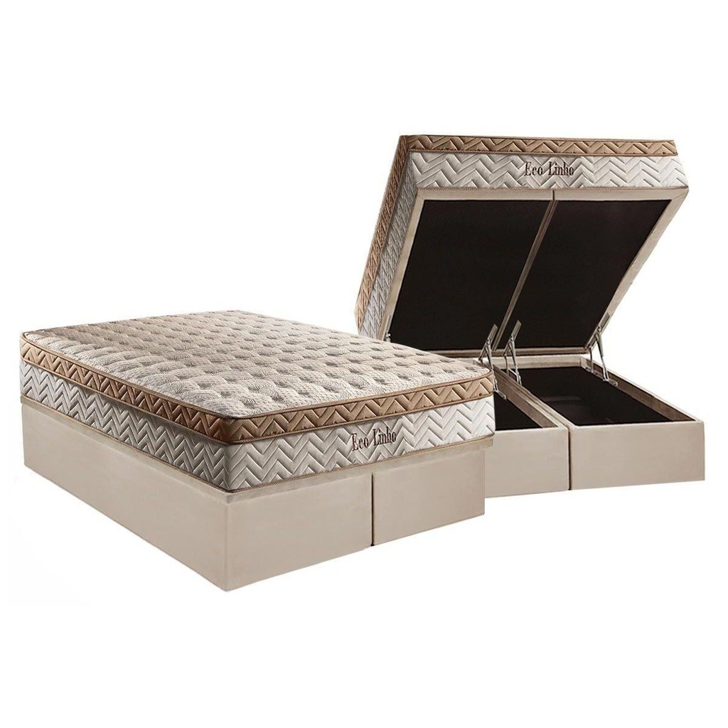 Cama Box Baú Queen: Colchão Molas Ensacadas Paropas MasterPocket Eco Linho + Base CRC Suede Clean(158x198) em Oferta na Shopee