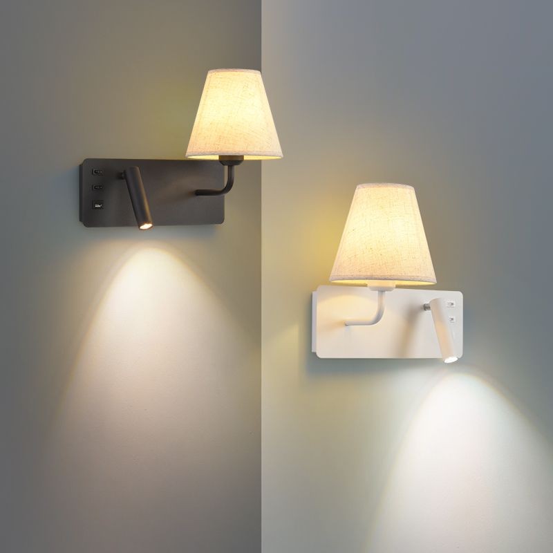 Arandela de Parede LED Dupla Função com Abajur de Linho e Spot Direcionável, Luminária para Cabeceira de Quarto