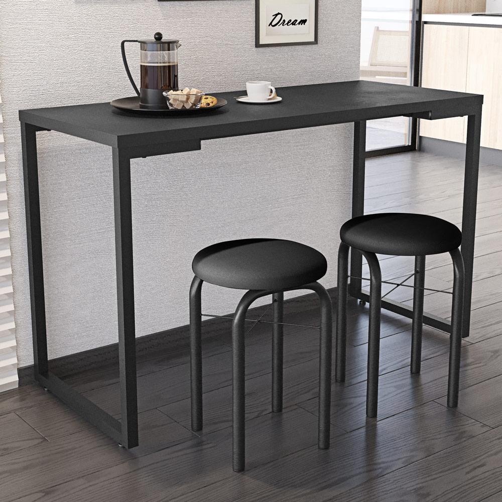 Mesa de Cozinha Bistrô Porto Preto 120cm com 2 Banquetas Industriais Maviê Preto - Mpozenato