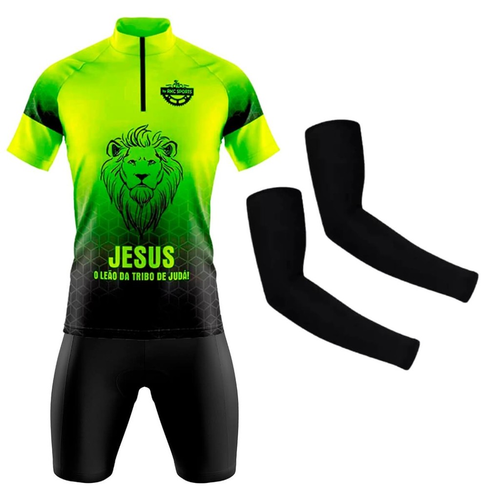 Conjunto Ciclismo Masculino Camisa e Bermuda Forro Espuma Manguito Mountain Bike Sports Leão de Judá