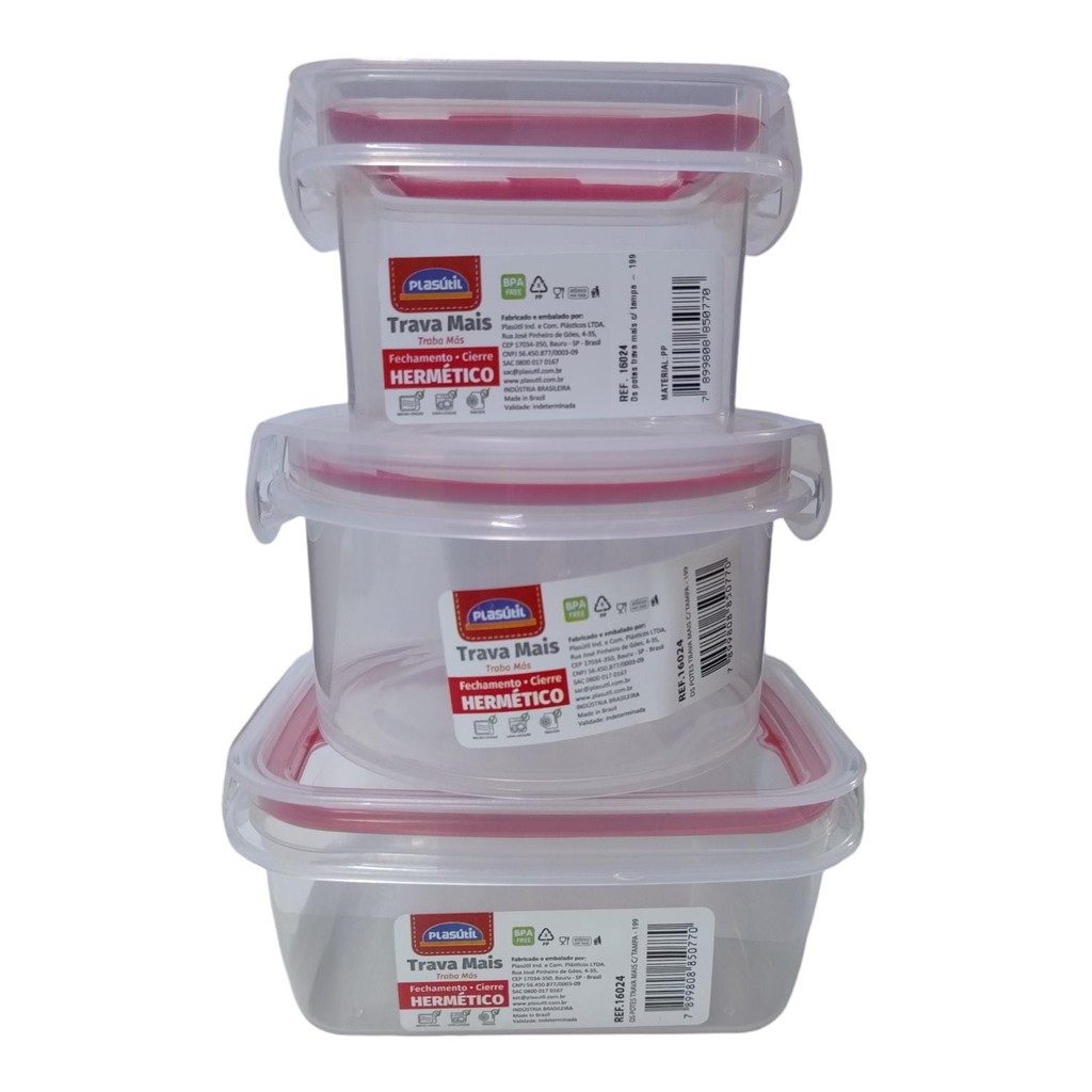 Kit 3 Potes Herméticos Trava Mais 380/550ml Plasútil Alta Qualidade em Oferta na Shopee