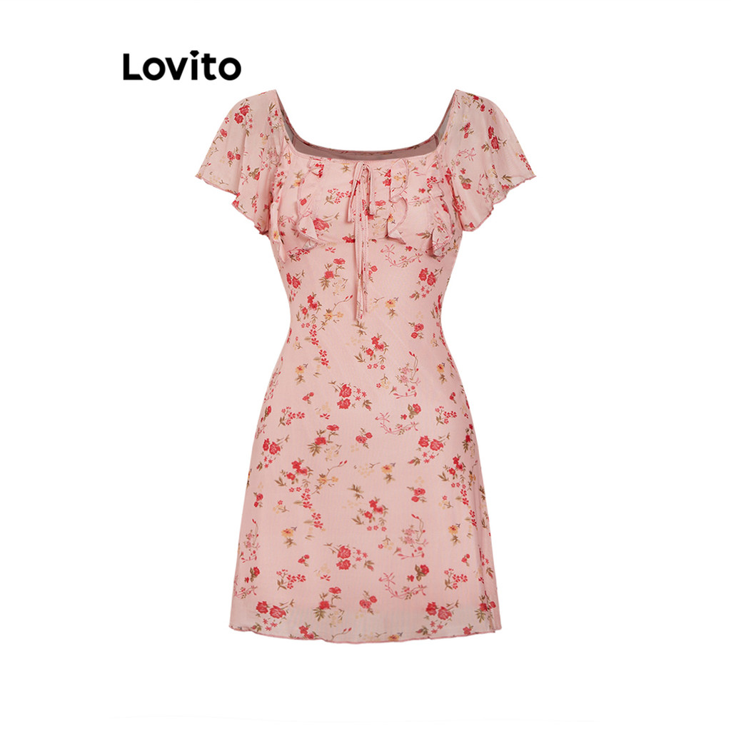 Lovito Vestido casual com acabamento floral e flores de alface para mulheres L101AD140 - Women Clothes