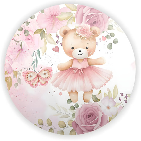 NOVO Painel Festa Infantil Redondo Ursinha Bailarina Floral, Borboleta Aquarela + Arco, Suporte incluso. Fazemos personalizado com qualquer tema. Confeccionado em Lona fosca, impressão de alta resolução. cenário , p/ Decoração