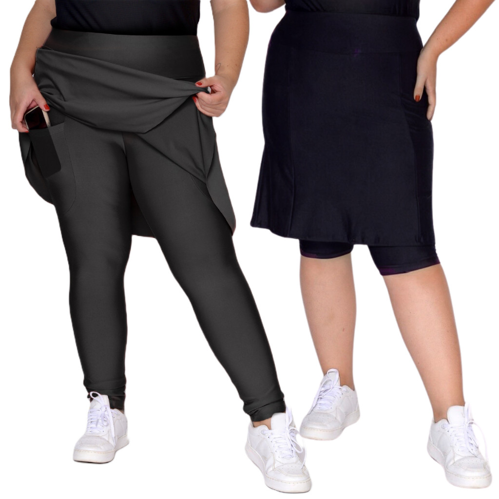 Kit Saia Short e Saia Calça Com Bolso Plus Size Roupa Feminina Fitness Evangélica Legging Tecido Suplex Grosso
