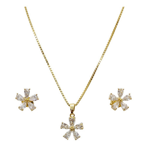 Conjunto Colar e Brinco Folheada a Ouro Flor Zircônia - Semijoia Fina - Caixa de Luxo