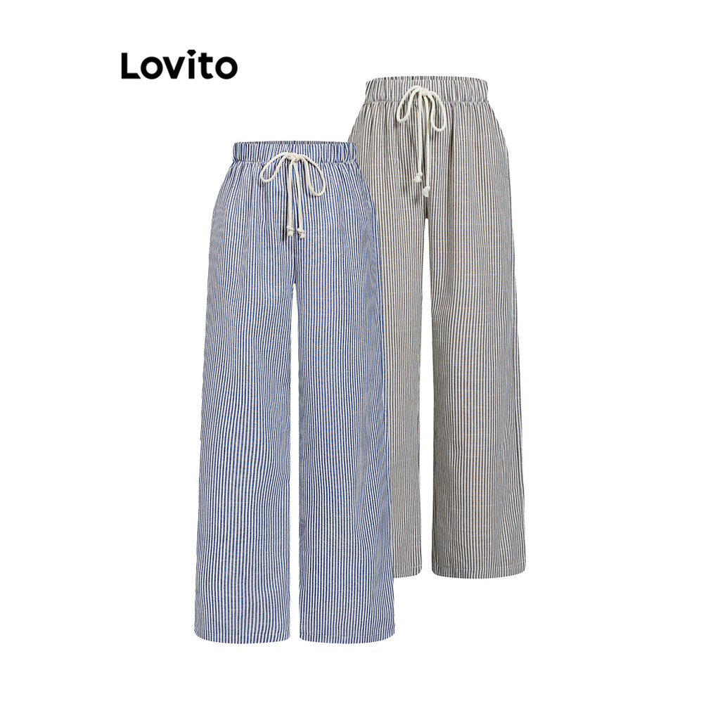 Lovito Calça de tecido texturizado casual listrado com cordão e laço para mulheres L93AD01...