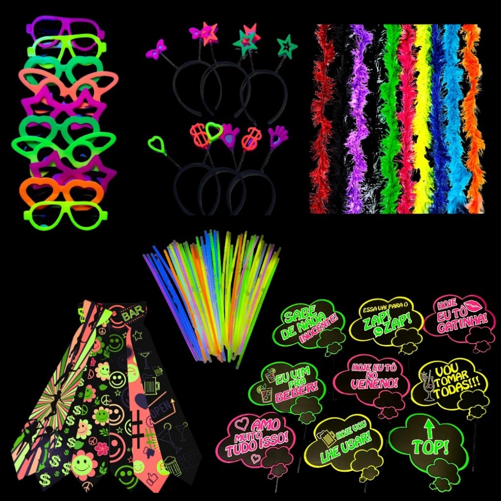 Kit Balada Festa Neon Casamento 150 Peças Pulseira, Óculos, Tiaras, Gravatas, Plaquinhas, Marabus - Adereços em Oferta na Shopee
