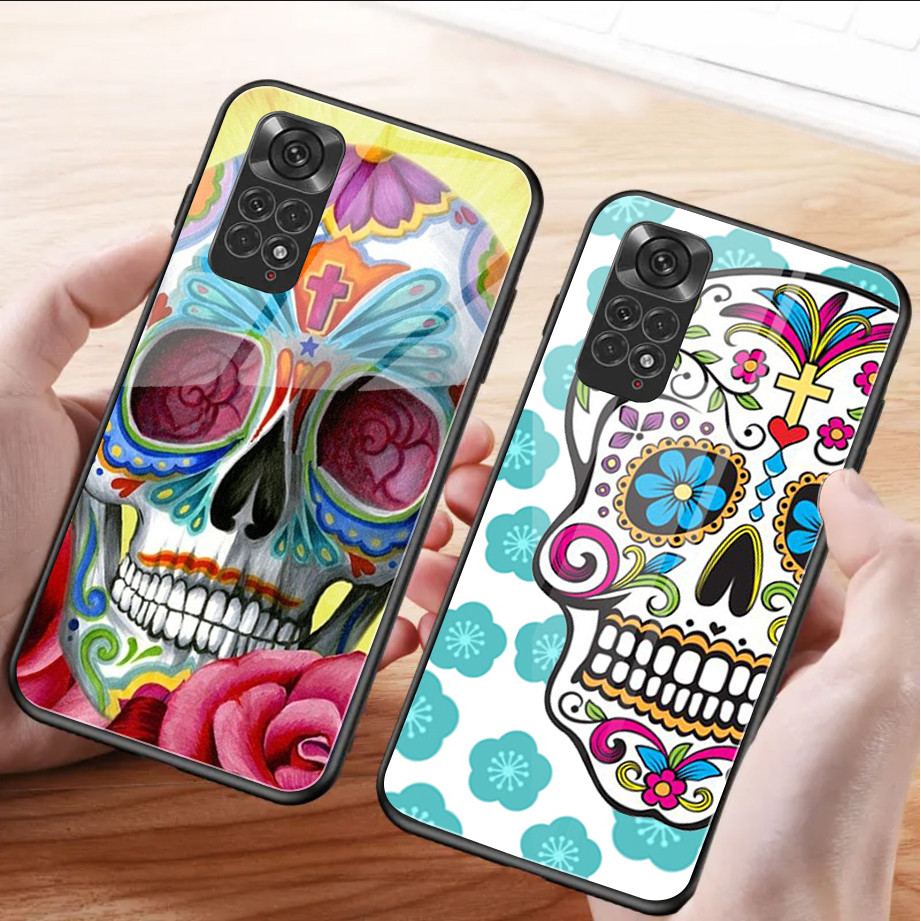 Capa De Telefone De Vidro Temperado Com Caveira De Açúcar Mexicana Para Xiaomi Redmi Note 13 pro plus 12 4G 11 10 5G 9