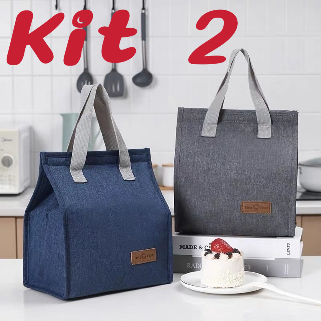 Kit 2 lancheira térmica de tecido Oxford simples e portátil estilo coreano/sem zíper  mari...
