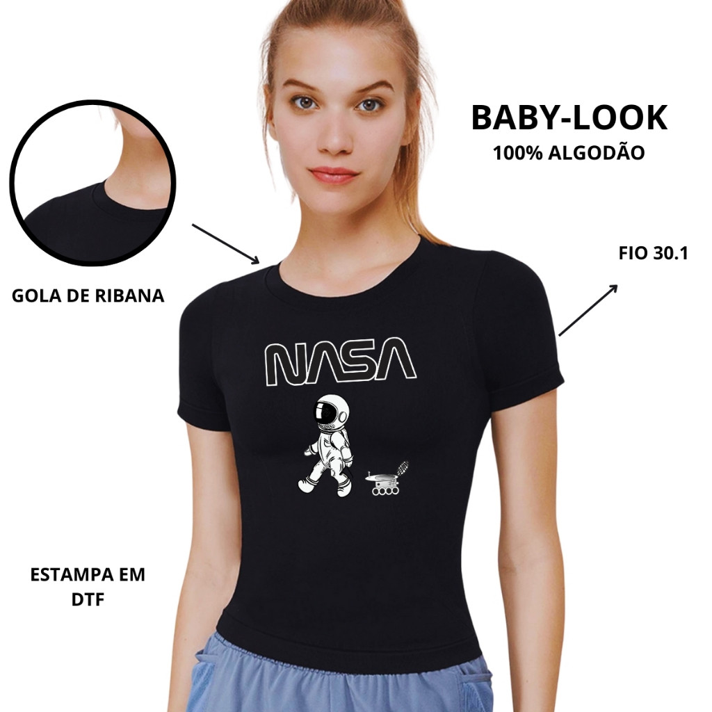Camiseta Astronauta Nasa Baby look Femenina 100%Algodão Envio Rapido Lançamento Novo Macia e Confortavel Femenino Unissex Desenhos Anime Animação Roupa Camisa Estilosa et