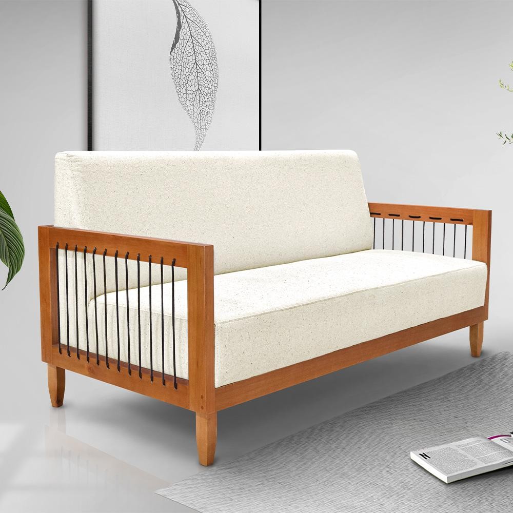 Sofá Namoradeira 2 Lugares Sala Estar Pés Madeira Corda Náutica Preta 160cm Manila Linho Off White