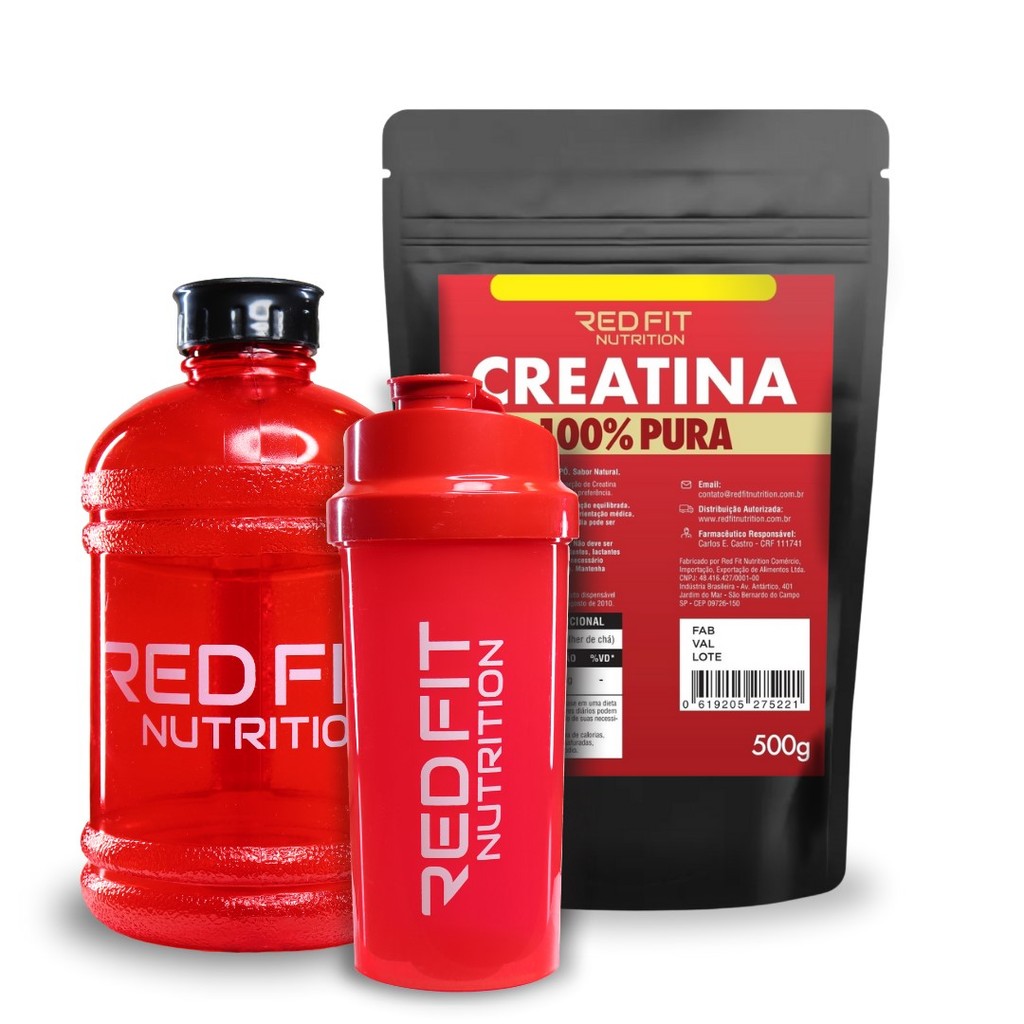 Creatina Monohidratada 500g Shaker Red 600ml Gallon Red 1,8L - 100% Pura Matéria-Prima Importada - Red Fit Nutrition