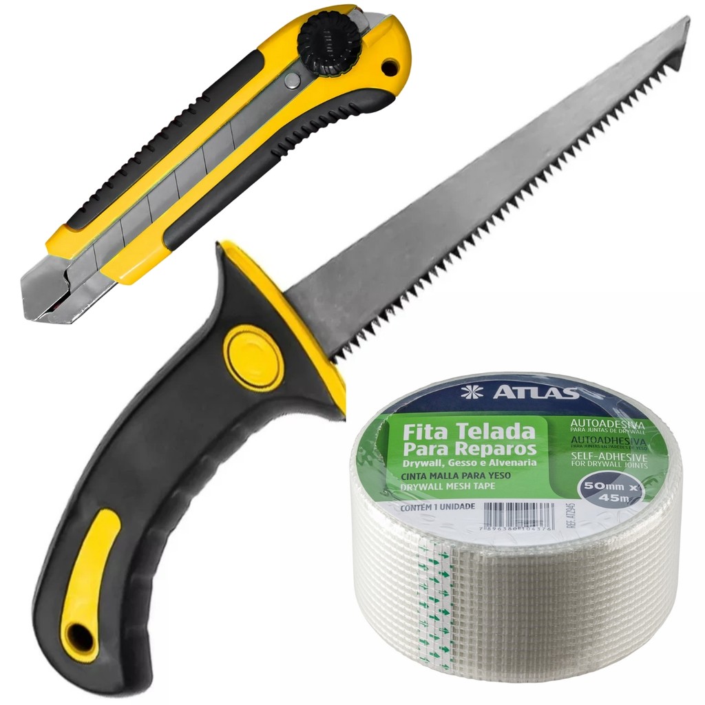 Kit Serrote para Gesso Drywall 6" com Fita Telada 50mm x 45m e Estilete 25mm Trava Giratória Jogo Gesseiro Casa