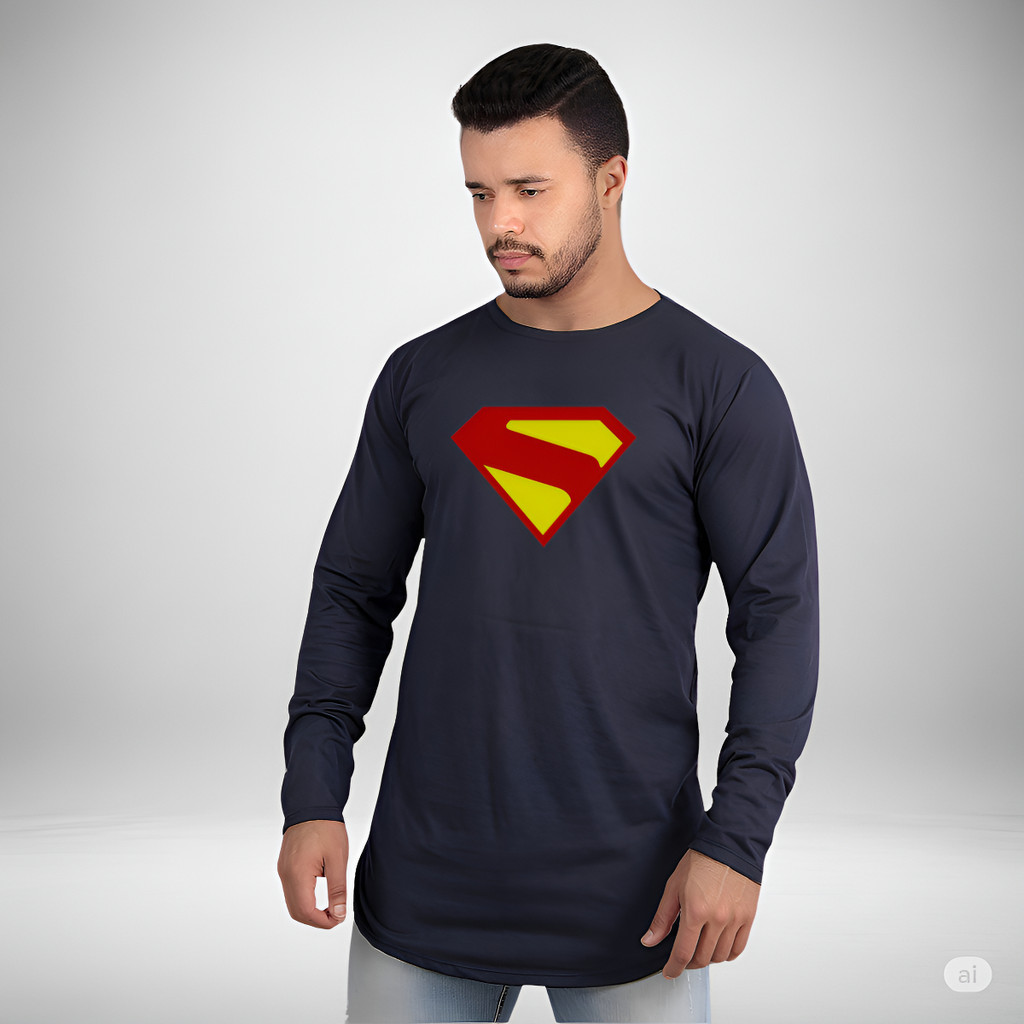 Camiseta Long Line Masculina Manga Longa Comprida Superman Legacy