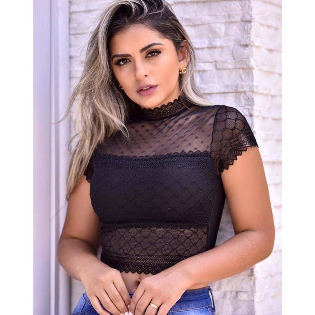 Cropped Renda Feminino Transparente Gola Alta Sexy Elegante Preto e Branco Tendencia2026**$* Moda Feminina em Oferta na Shopee