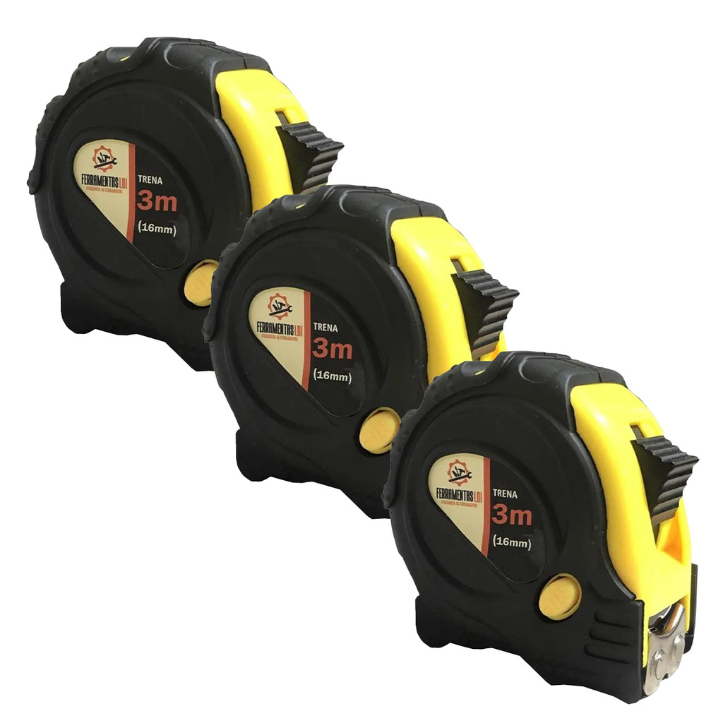 Kit 3 Trena Métrica Emborrachada Aço 3m X 16mm 3 Travas Ldi