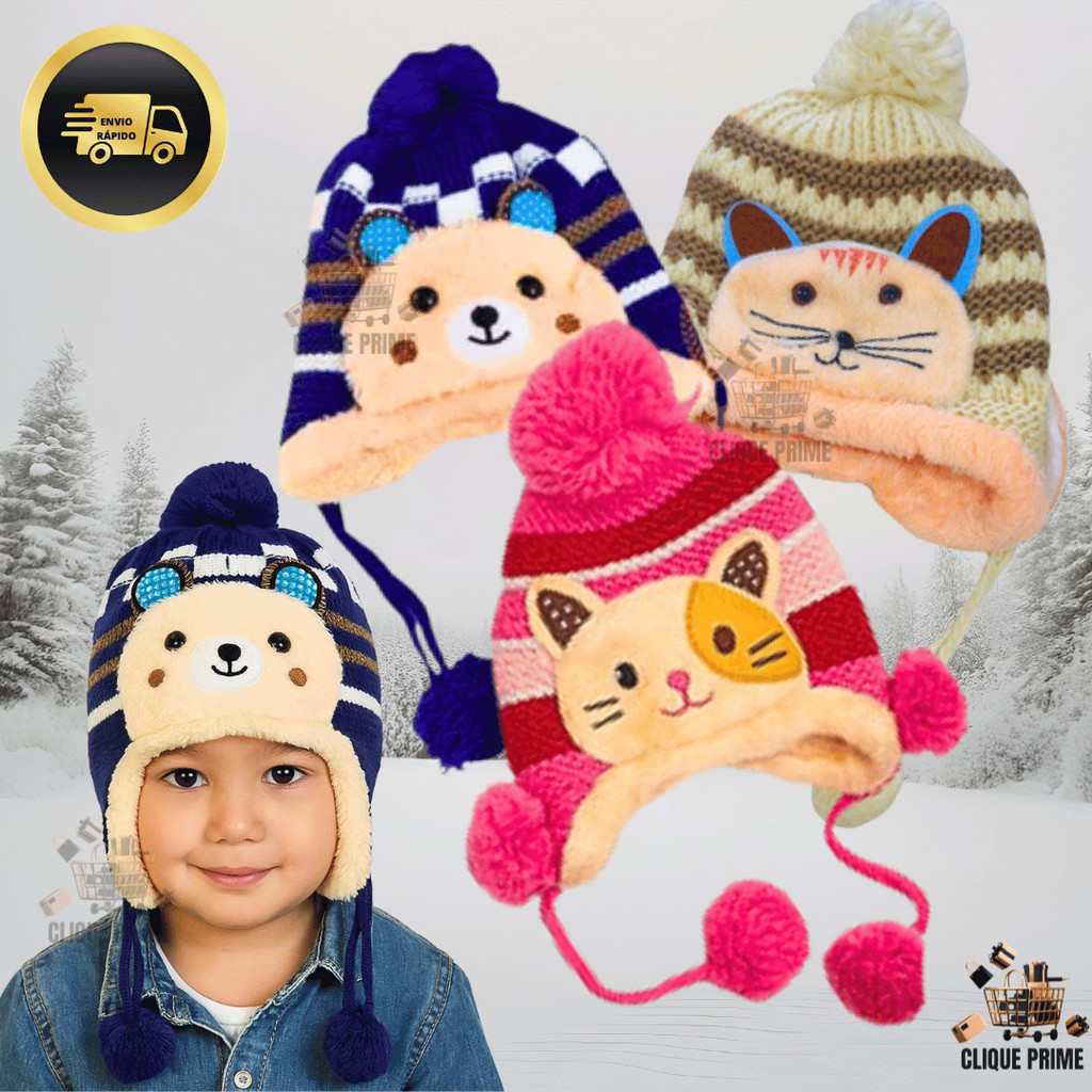Touca Infantil Gorro Lã Inverno Forrada Com Pompom Infantil Azul Rosa Bege Menino Menina Oferta