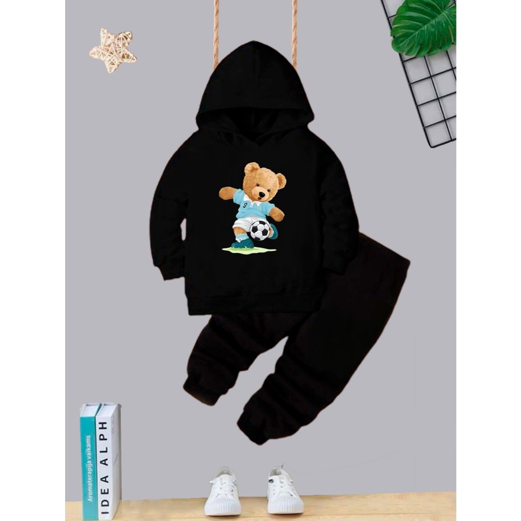 Kit Conjunto de Moletom Urso Flanelado Blusa de Frio + Calça Infantil Kids Tens Juvenil football bear Bolso e Capuz