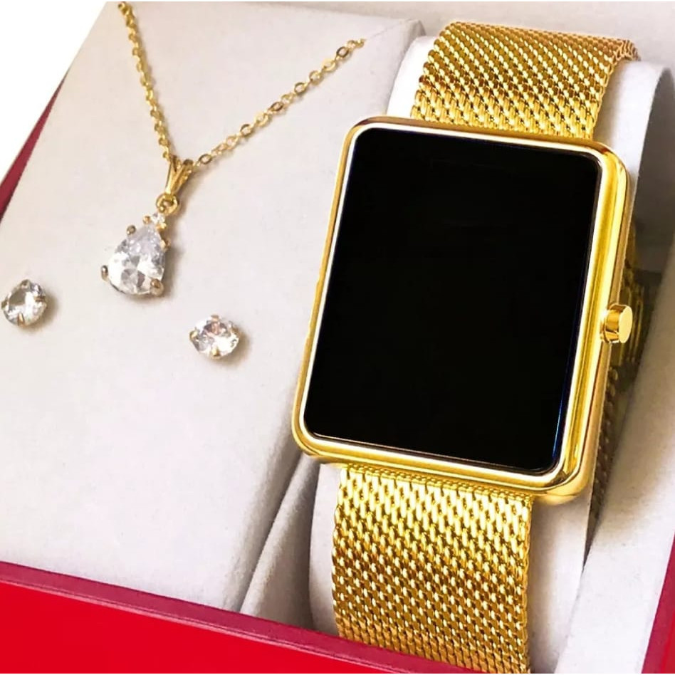 Relógio Feminino Digital Quadrado + Colar e Brinco em Oferta na Shopee