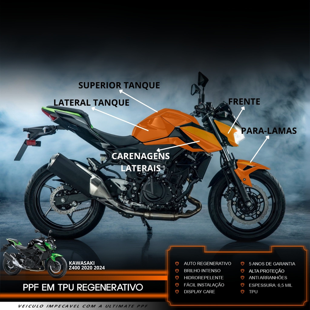 Película PPF Proteção Kit Semi Full Moto Kawasaki Z400 2020 2021 2022 2023 2024 Transparente TPU Anti Risco