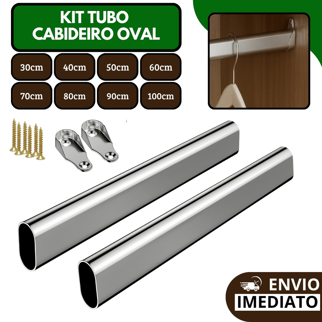 Kit Tubo Cabideiro Oval Oblongo Arara Para Guarda Roupas Closet Cromado Varios Tamanhos em Oferta na Shopee