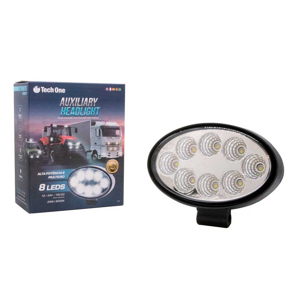 Imagem Farol Auxiliar Oval 8 Leds 12v/24v 24w 6000k Branco