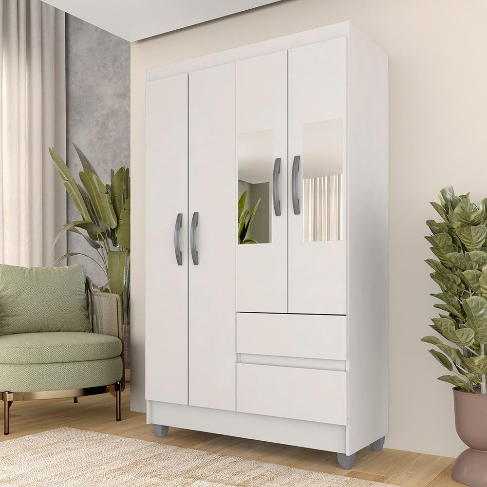 Guarda Roupa Solteiro Lohaine 4 Pts C/ Espelho Branco - M. Arapongas em Oferta na Shopee