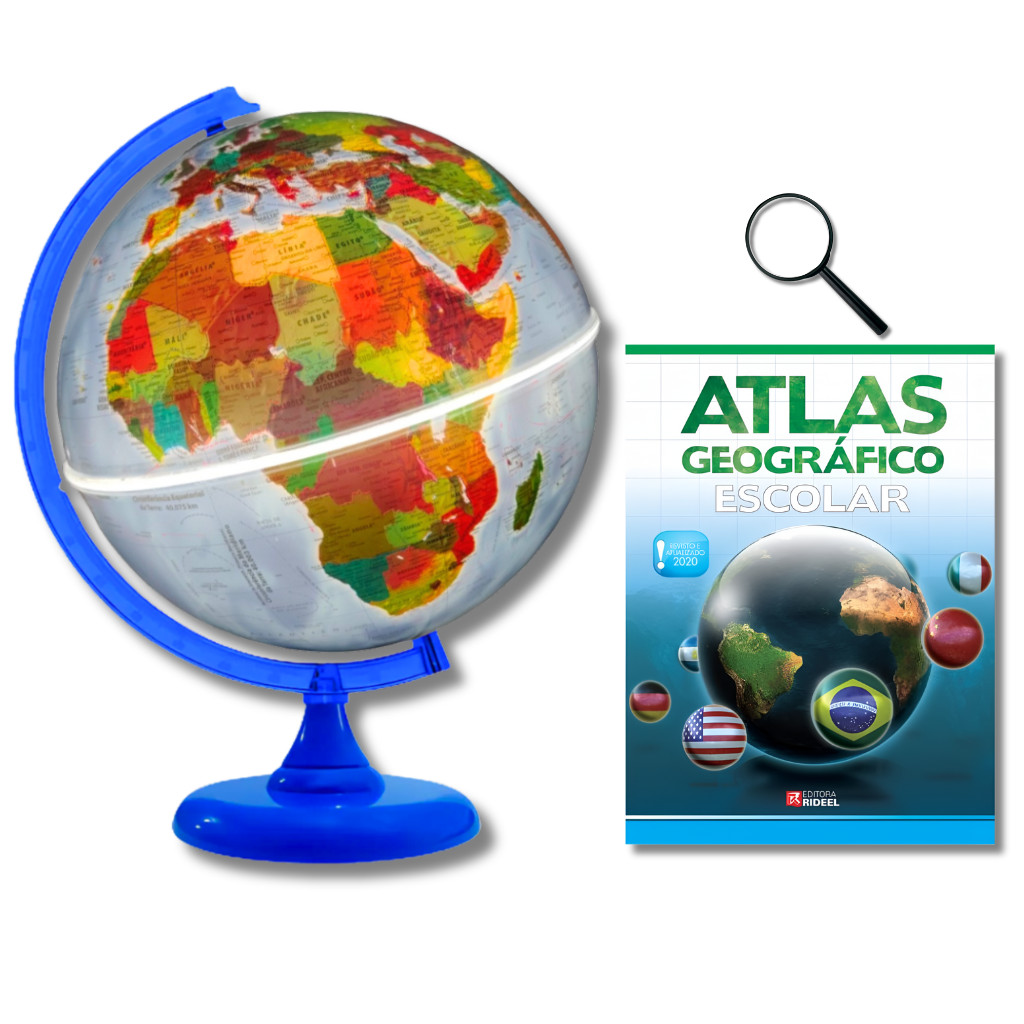 Globo Terrestre Físico Político C/LUZ LED 30cm Base Azul + Atlas Geográfico + Lupa