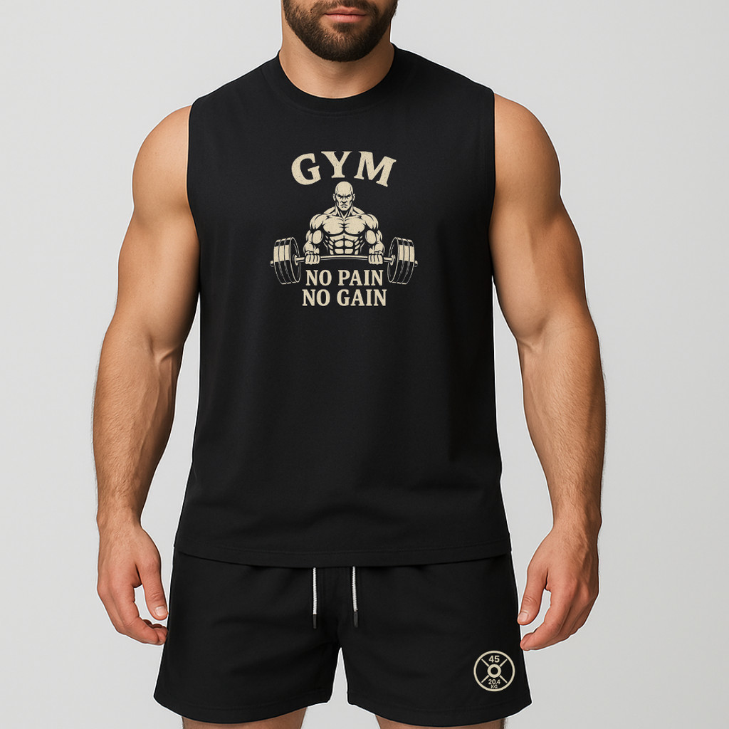 conjunto regata oversized e short de tactel de academia másculino estampada gym no pain no gain