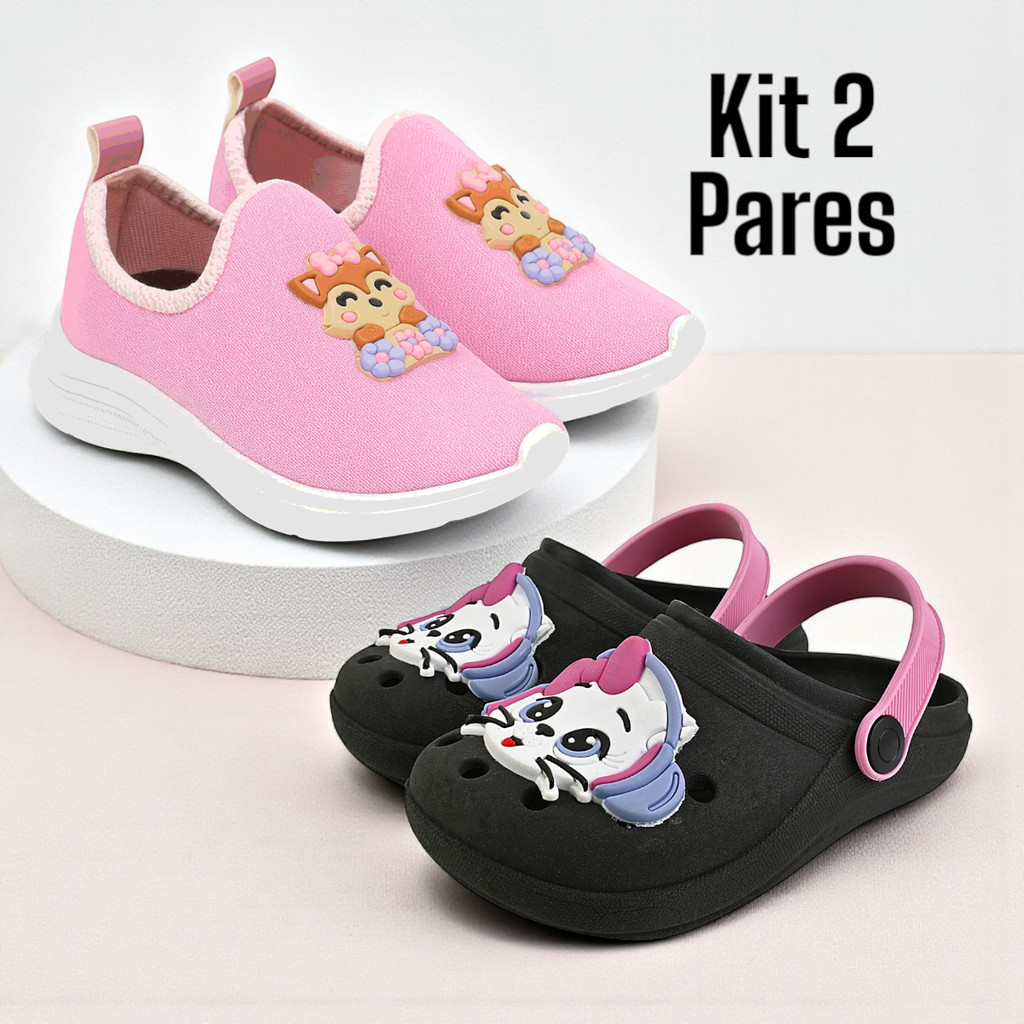 Kit 2 Pares Tênis Infantil Menina Macio e Sandália Confortável Antiderrapante