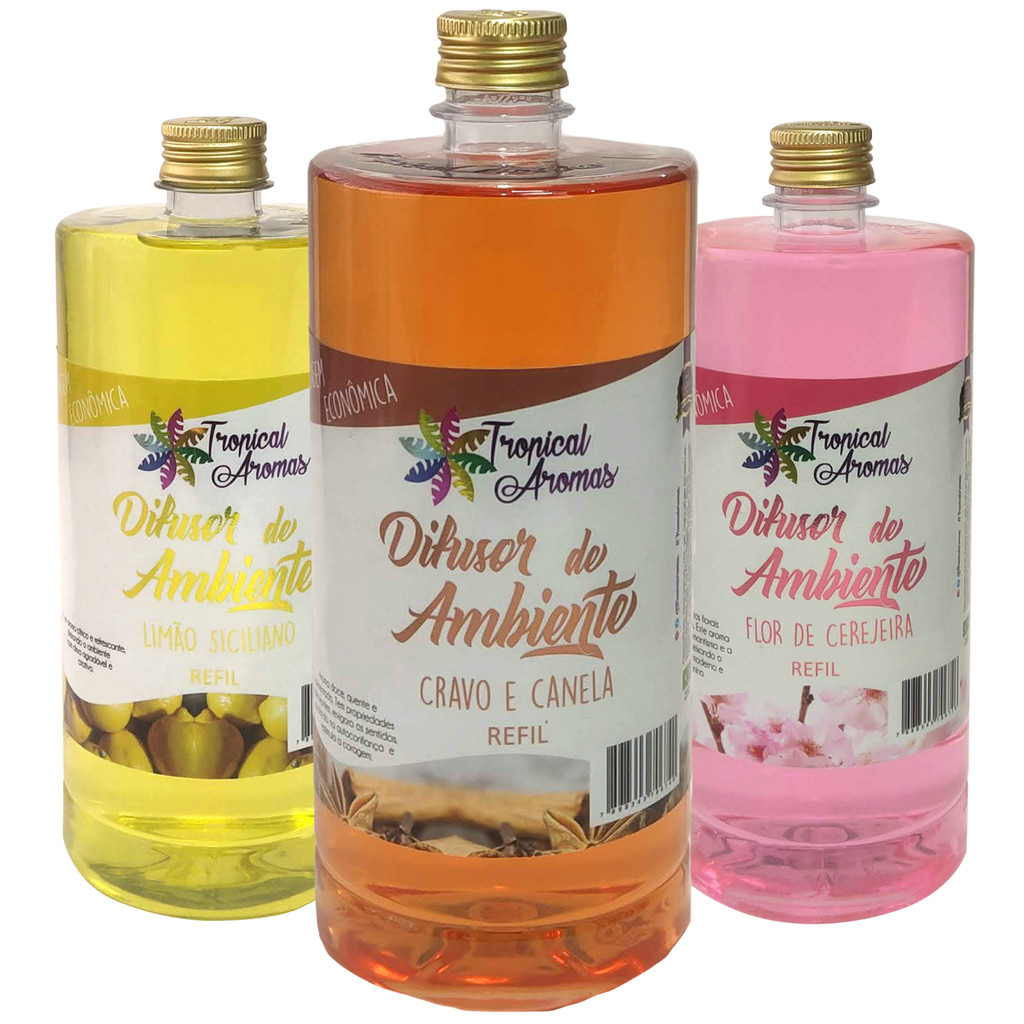 Kit Refil Difusor de Ambiente Limão Siciliano Cravo e Canela Flor de Cerejeira 1L Tropical Aromas