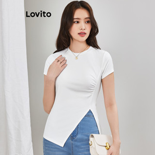(Trendy) Lovito Camiseta Elegante Lisa Plissada Dividida Para Mulheres L65ED029 (Branco) em Oferta na Shopee