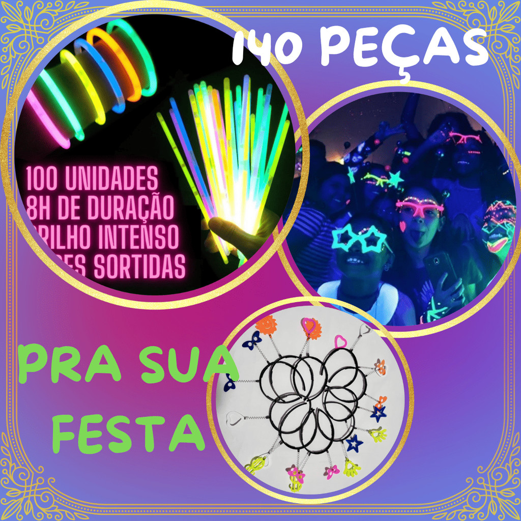 Super Kit Festa Neon 140 Itens – Brinde Balada Casamento Formatura Carnaval Infantil Adulto