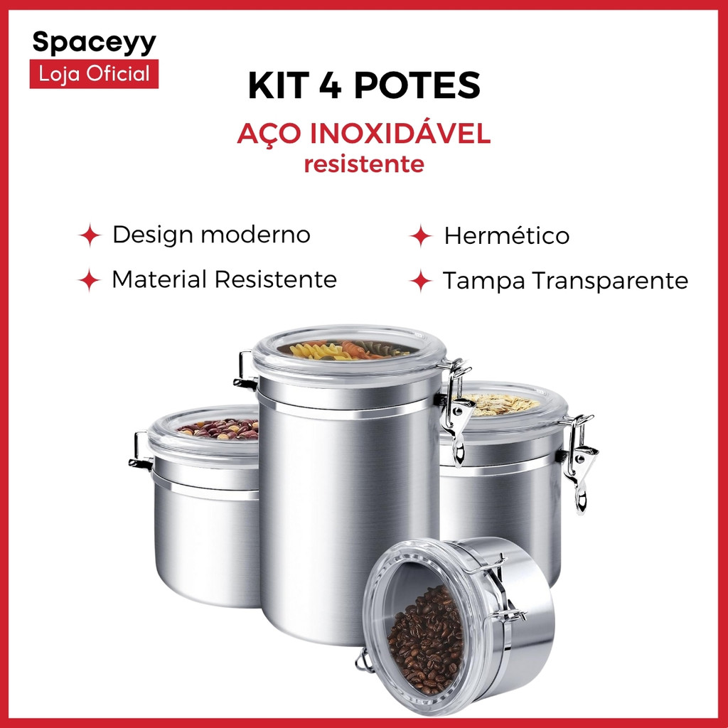Kit 4 Potes herméticos de aço inoxidável com tampa transparente, Potes para açúcar, farinha, doces, biscoitos em Oferta na Shopee