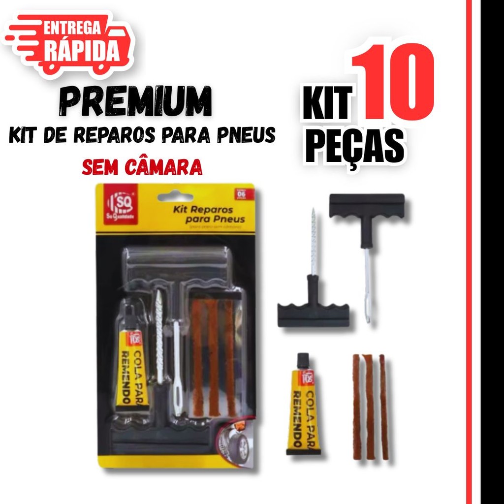 Kit 10 Peças Reparo Pneu sem CÂmara para Carro e Moto e Refil Selante Macarrão Remendo Premium