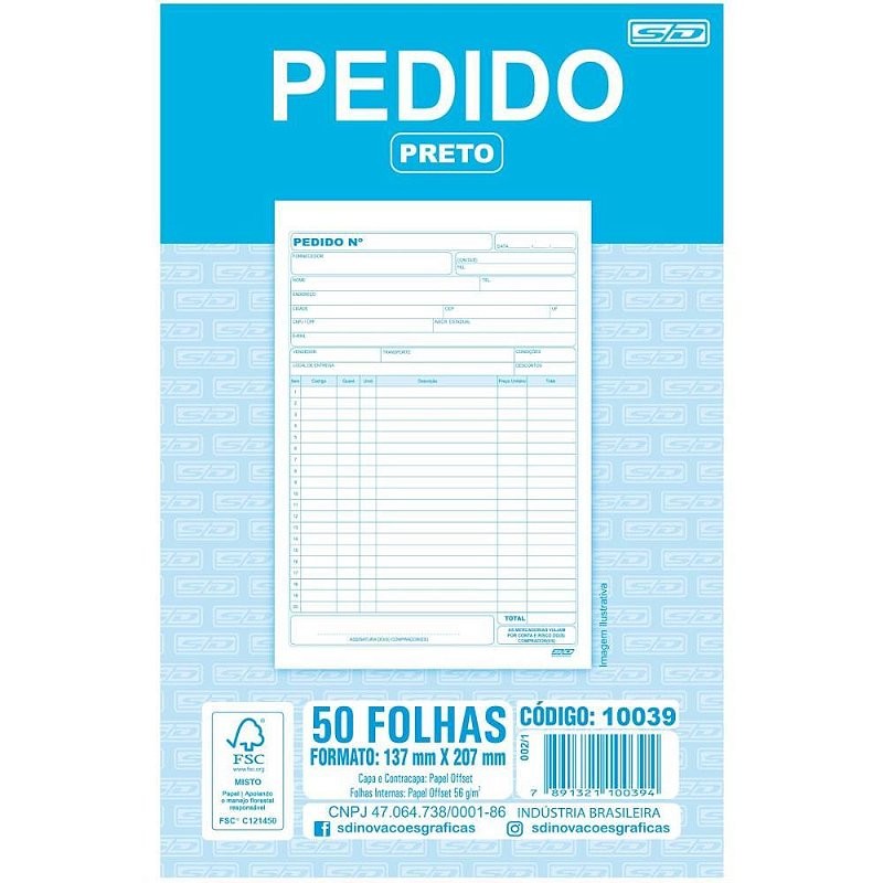 Impresso Talão de Pedido 1/18 1 Via 50 Folhas Pacote com 20