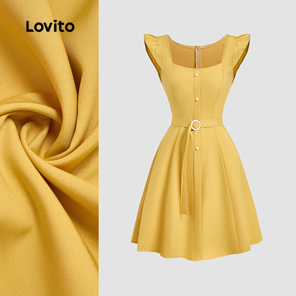 (New) Lovito Vestido Casual com Cinto para Primavera/verão em Amarelo para Mulheres L142ED864 em Oferta na Shopee