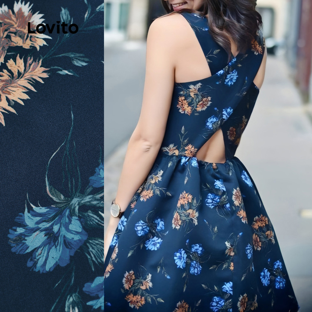 (New) Lovito Vestido Férias Cruzado de Primavera/verão Vestido Azul Escuro para