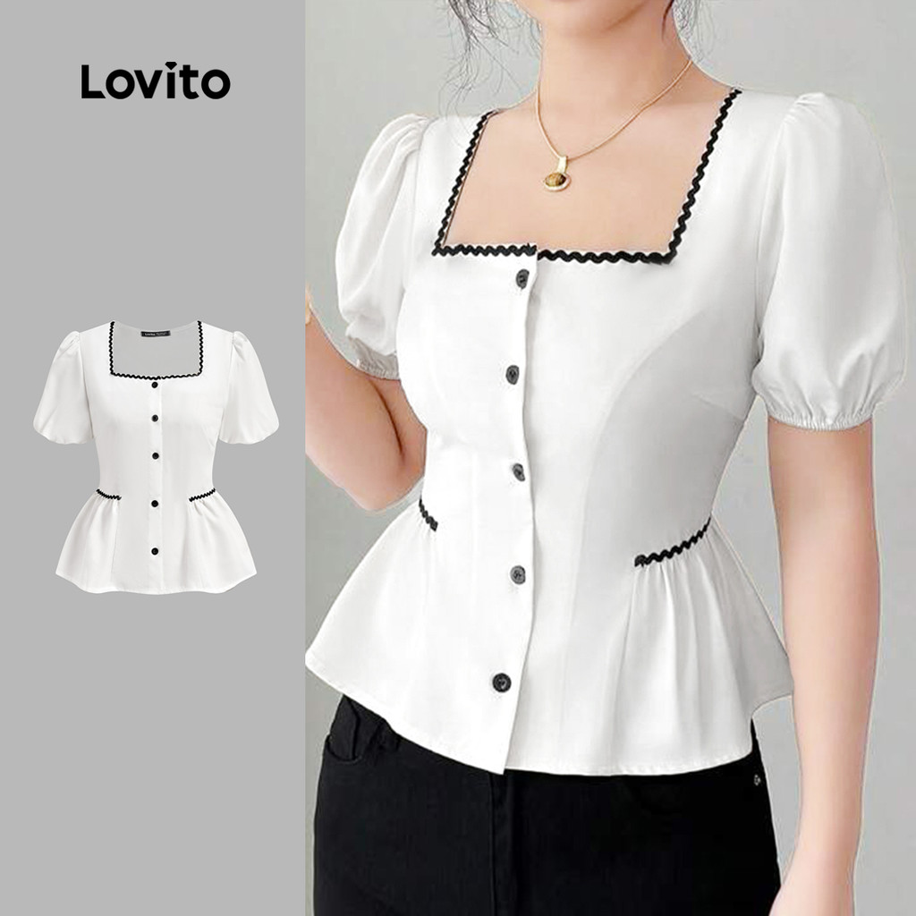 (New) Lovito Blusa Casual com M Exclusivo Contraste Drapeada Primavera/verão Blusa Branca para Mulheres L150AD1629 em Oferta na Shopee