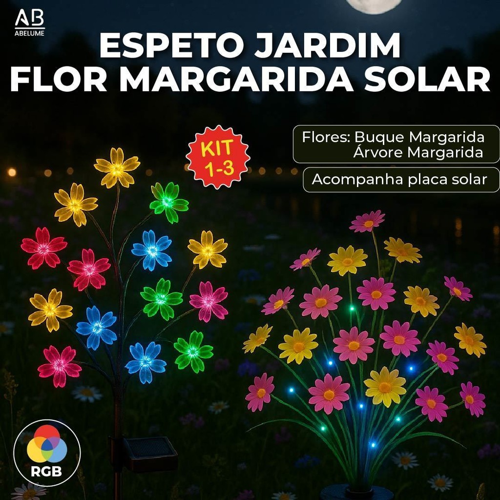 Espeto Jardim Solar Flor de Cerejeira e Margarida RGB com Placa Solar Prova D'água ambiente externo