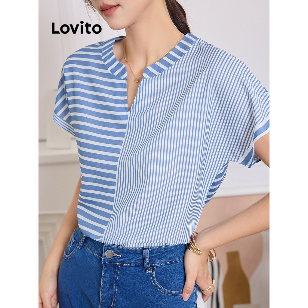 Lovito Blusa casual listrada colorblock para mulheres L91AD007 - Women Clothes