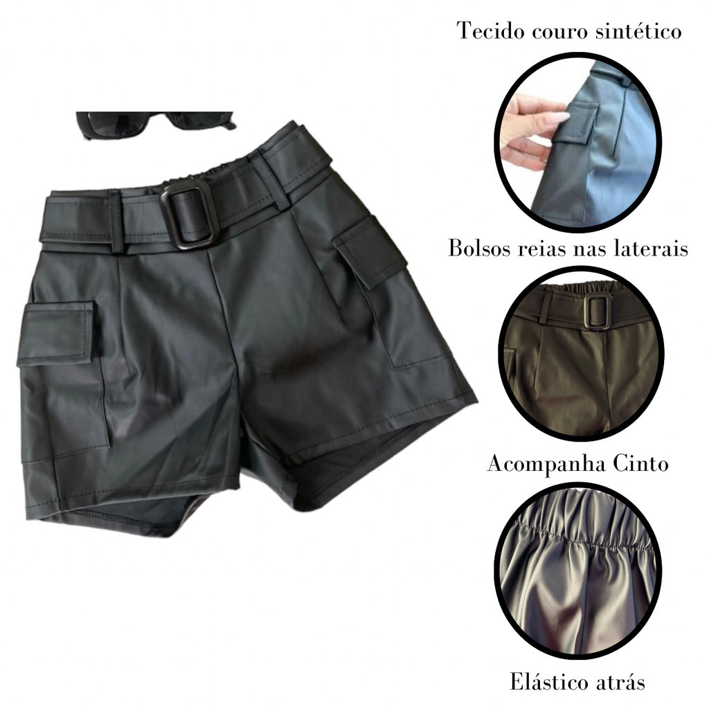 SHORT INFANTIL FEMININO COURO FAKE COM BOLSOS NA LATERAIS