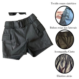 SHORT INFANTIL FEMININO COURO FAKE COM BOLSOS NA LATERAIS