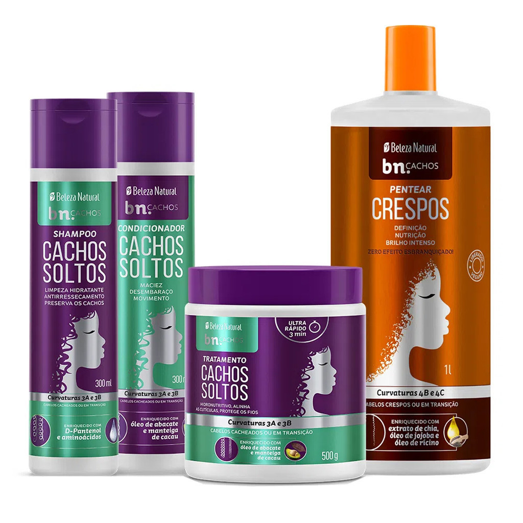 Kit Beleza Natural Cachos Soltos + Pentear Crespos bn.Cachos em Oferta na Shopee