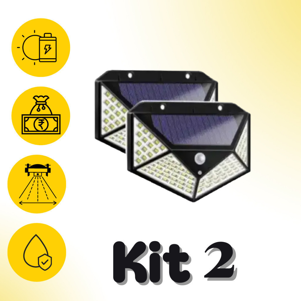 Kit 2 Luminária Solar 100 Led Com Sensor Prova D'Água Refletor Solar Parede Luz Led Solar Luminária