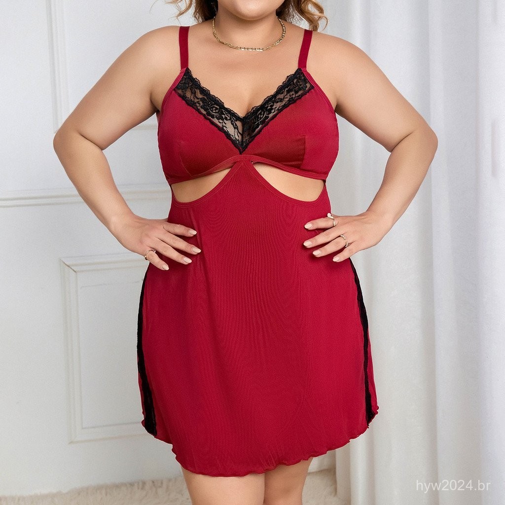 [Novo produto] Lingerie erótica europeia e americana plus size renda camisola camisola comércio exterior novo vinho vermelho sutiã conjunto vestido de pijama