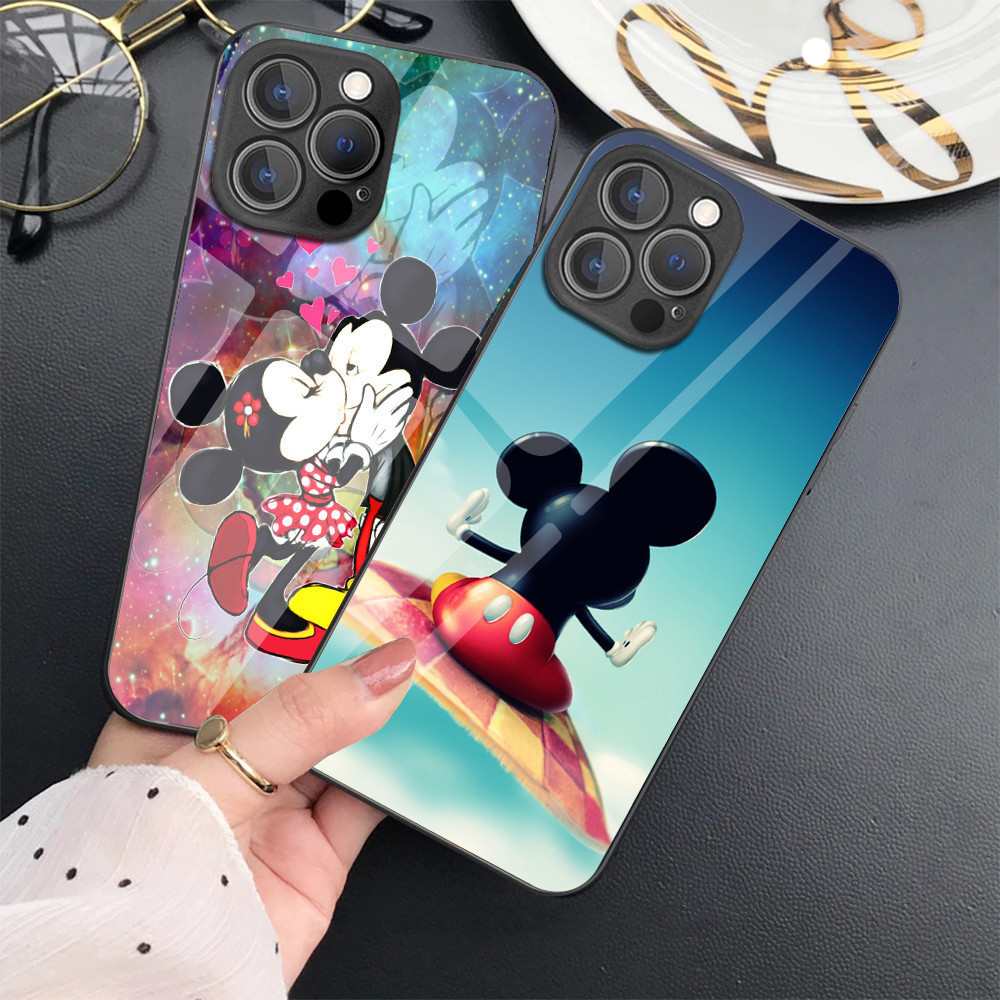 Mickey Mouse E Minnie Vidro Temperado Caso De Telefone Para IPhone 15 14 13 12 11 Pro XS Max Plus Mini X XR 8 7 6s SE2/3
